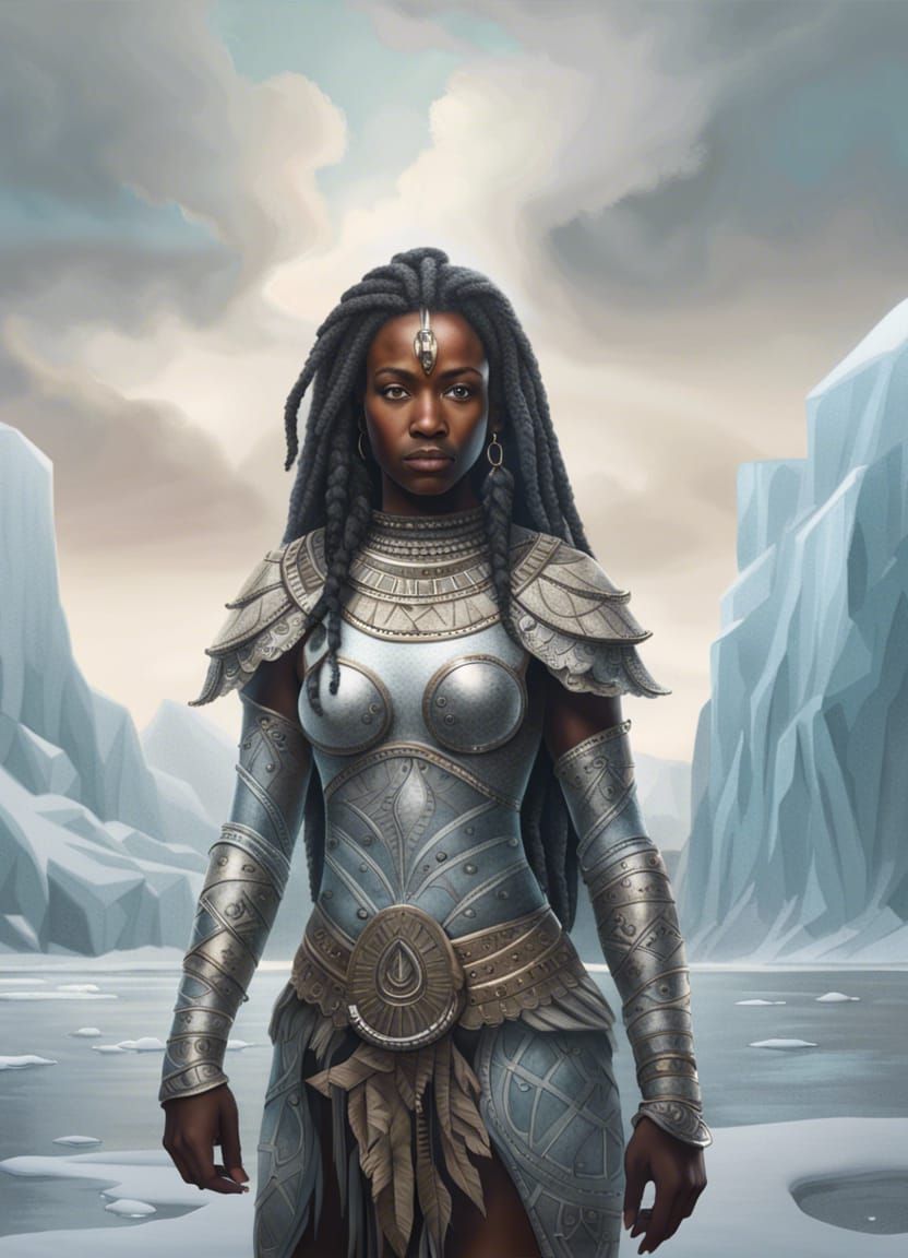 African Warrior Woman in Icy Landscape, Hyperrealistic