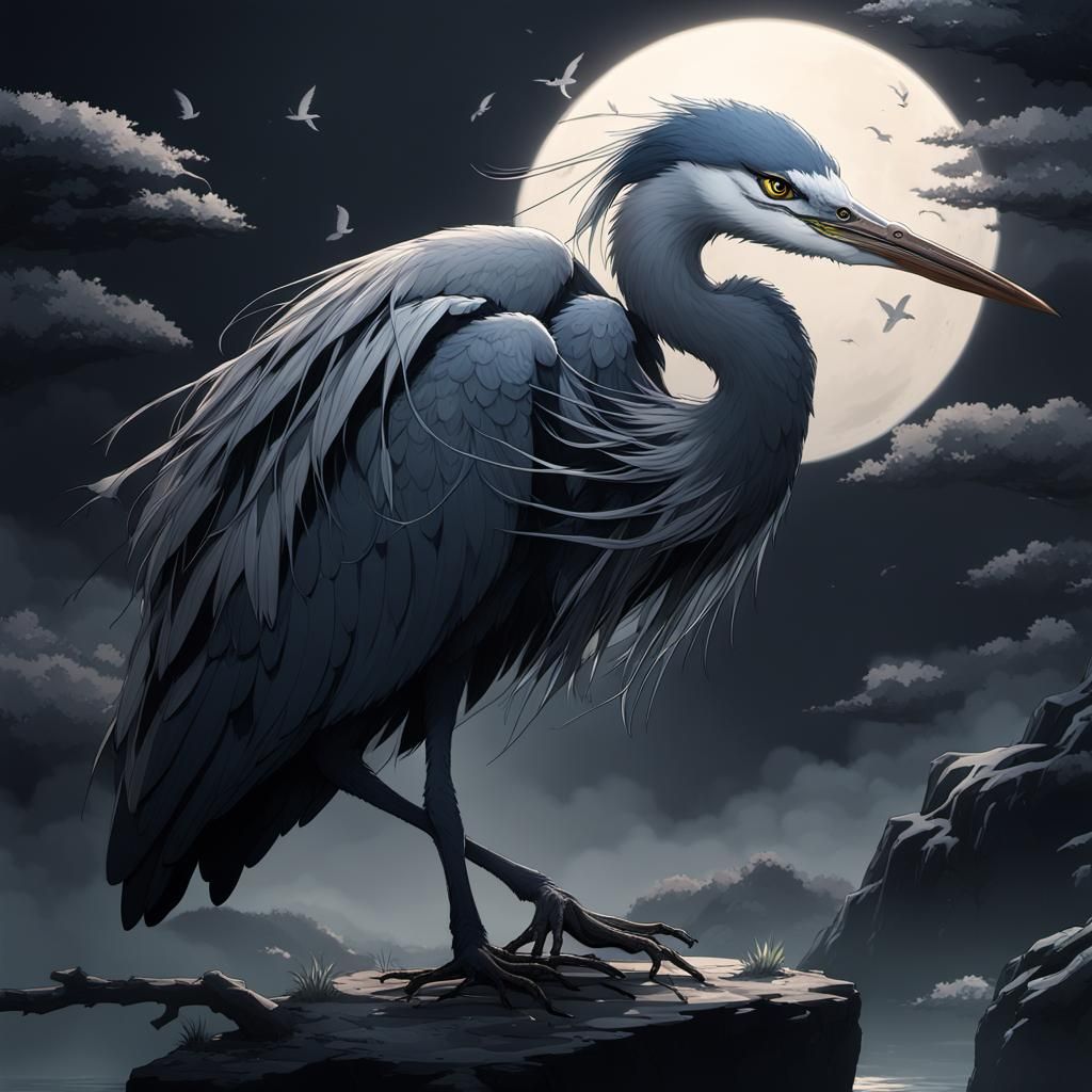 Dark Ethereal Anime Boy and Heron in Black Tones