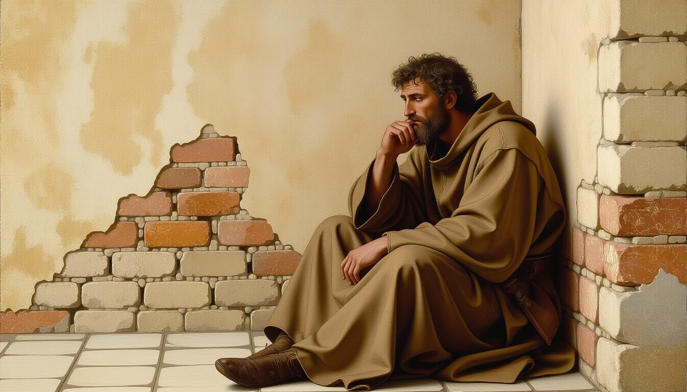 Medieval Scribe Reflects by Mudbrick Wall in Tempera Style
