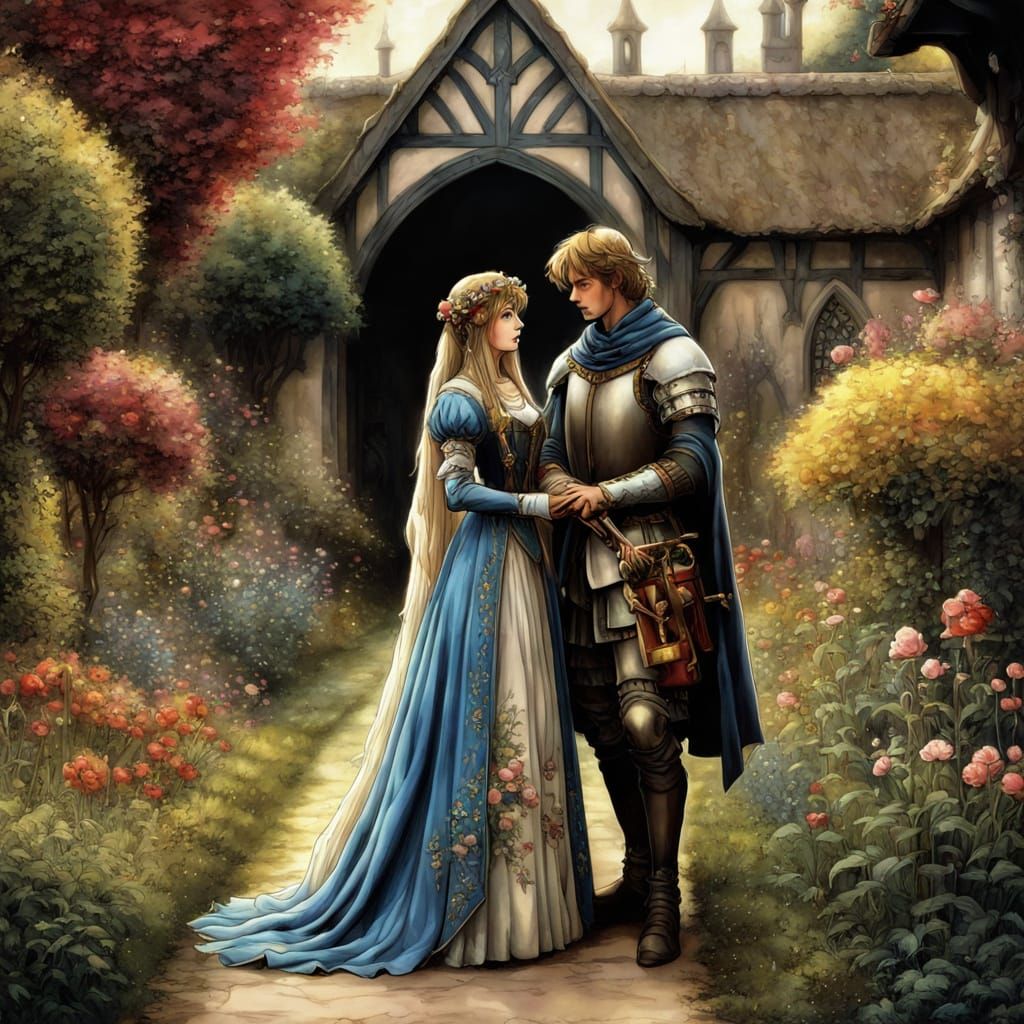 Medieval Couple in Garden, Arthur Rackham Anime Style