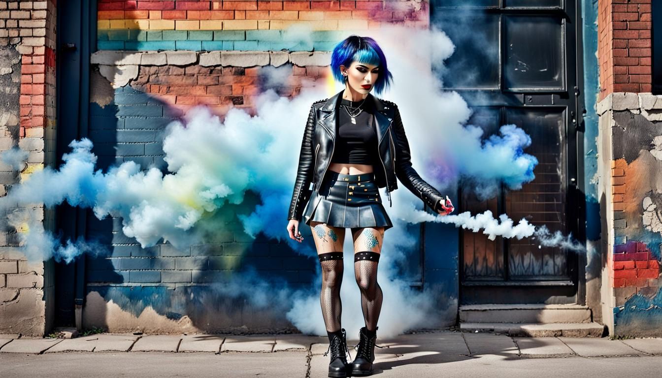 Young Woman with Rainbow Smoke, Watercolor Style