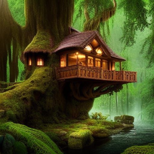 Mossy Cottage by River in Dense Forest
