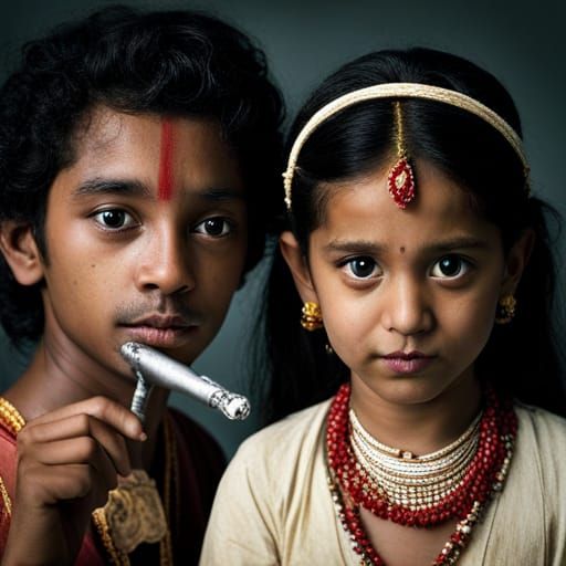 Young Radha and Krishna with Flute