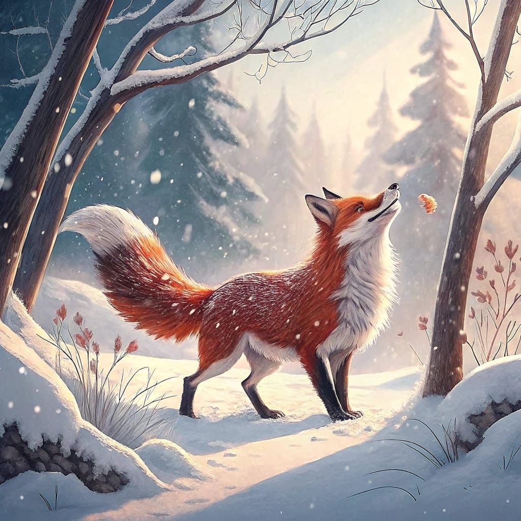 Surreal Winter Scene of a Fox in a Snowy Forest