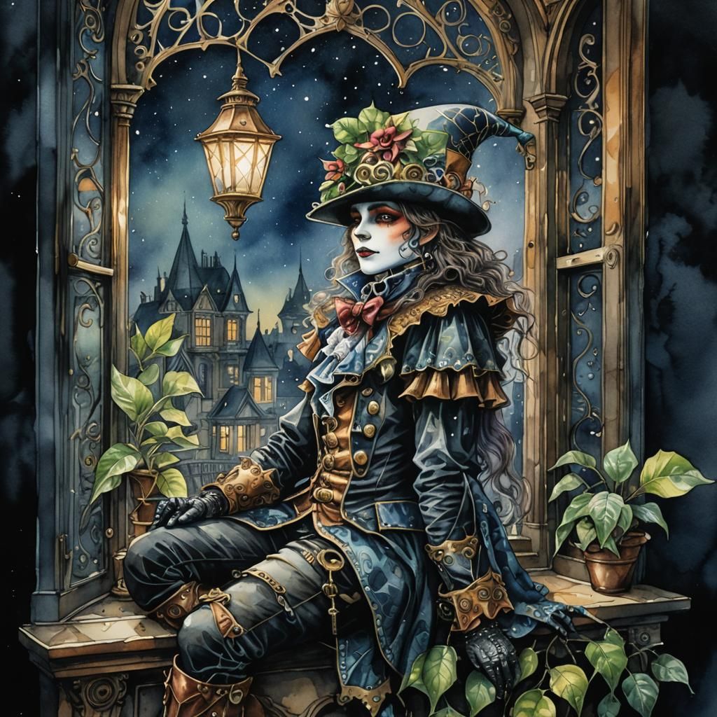 Whimsical Steampunk Harlequin in Victorian Watercolor