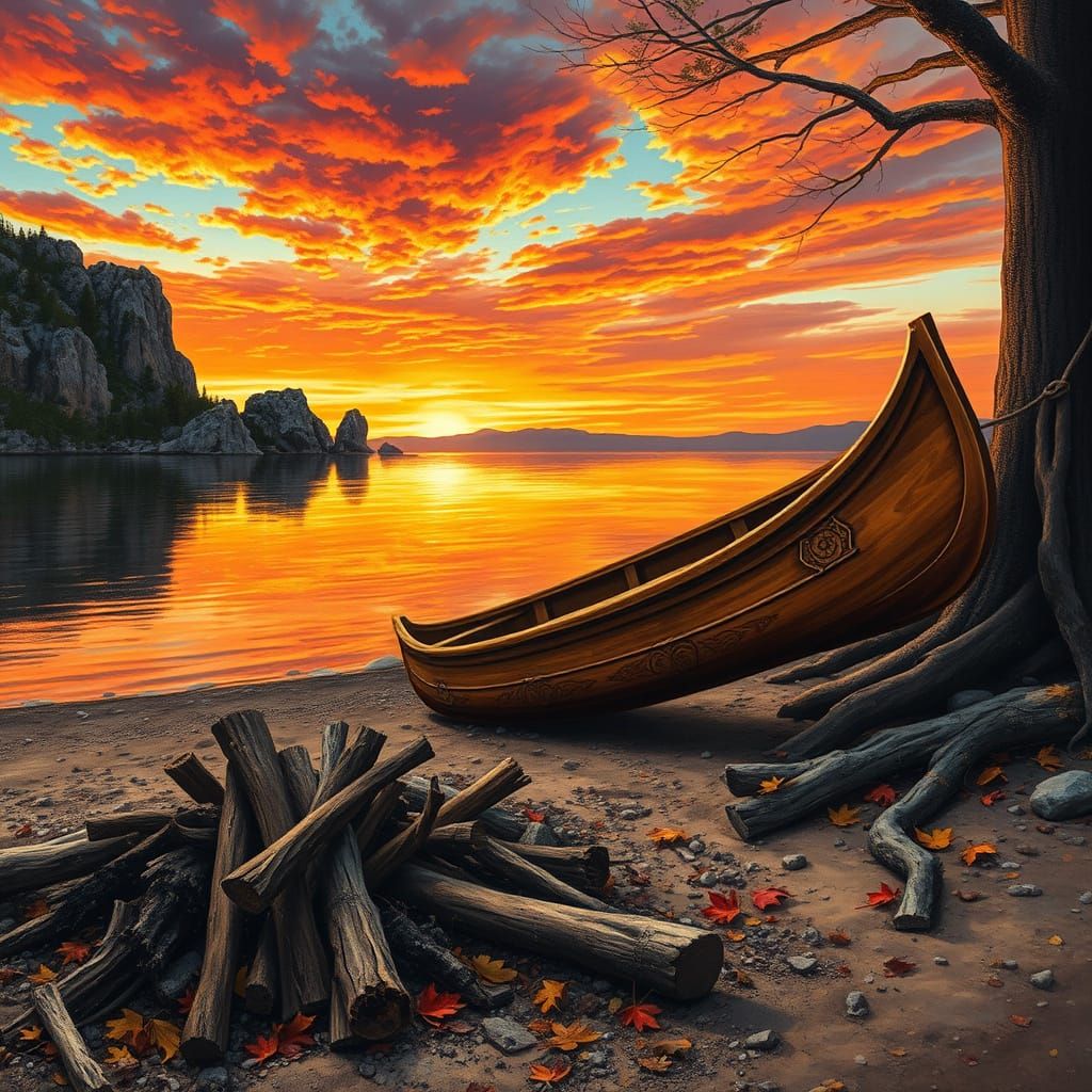 Vibrant Sunset on a Rocky Promontory Over a Calm Lake