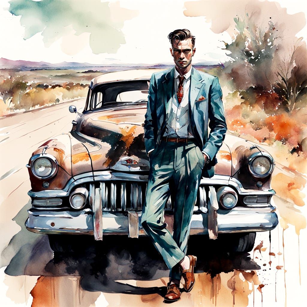 1950s Man in Suit with Buick on Dusty Road