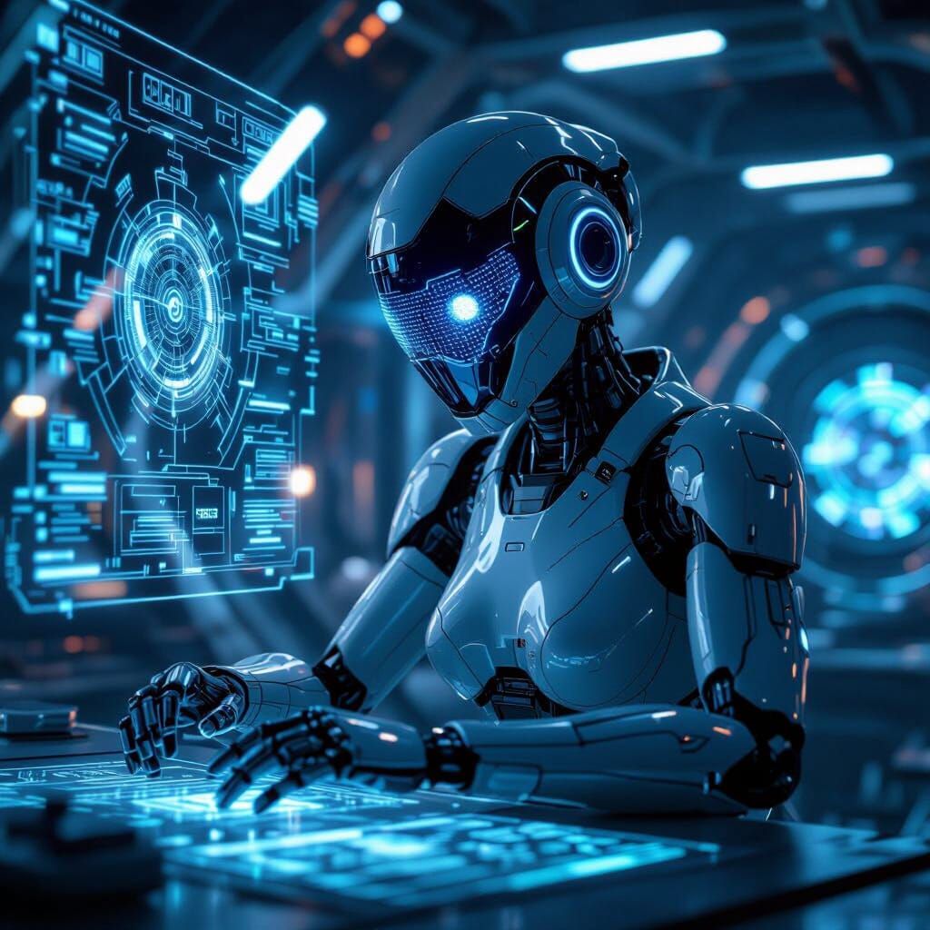 Female Robot Engineer on Massive Spaceship in 3D Game Style