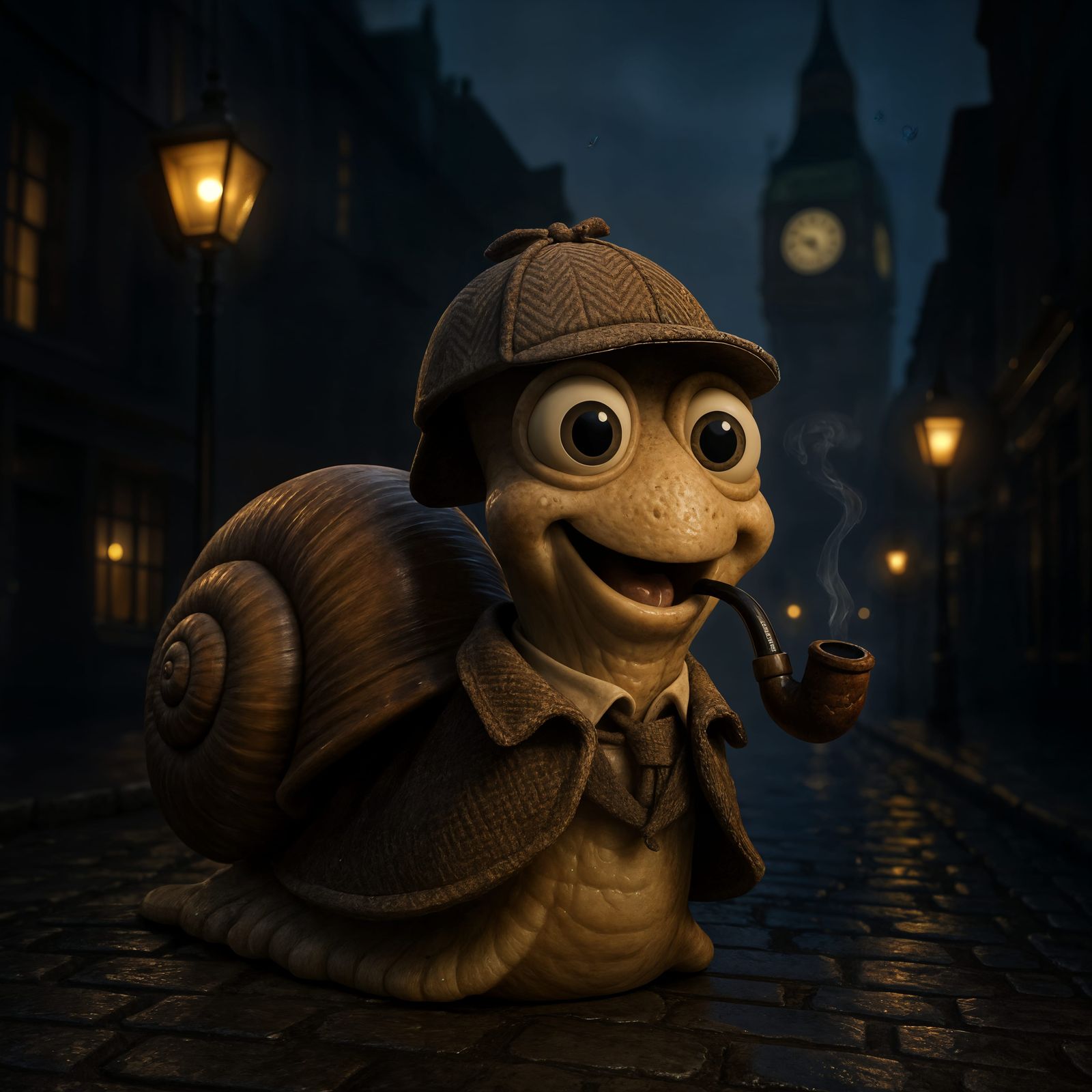 Adorable Sherlock Holmes Snail in London at Night