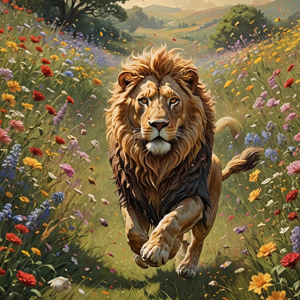Aslan Rides Through Floral Field: Hyperrealistic Art