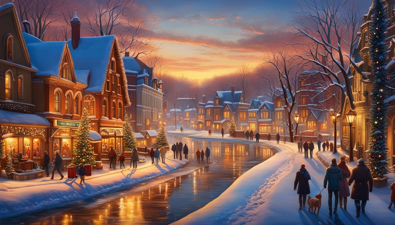 Wisconsin Town River Scene in Art Nouveau Style