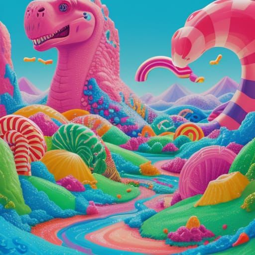 Dinosaurs Explore Candy Wonderland in Vibrant Digital Art