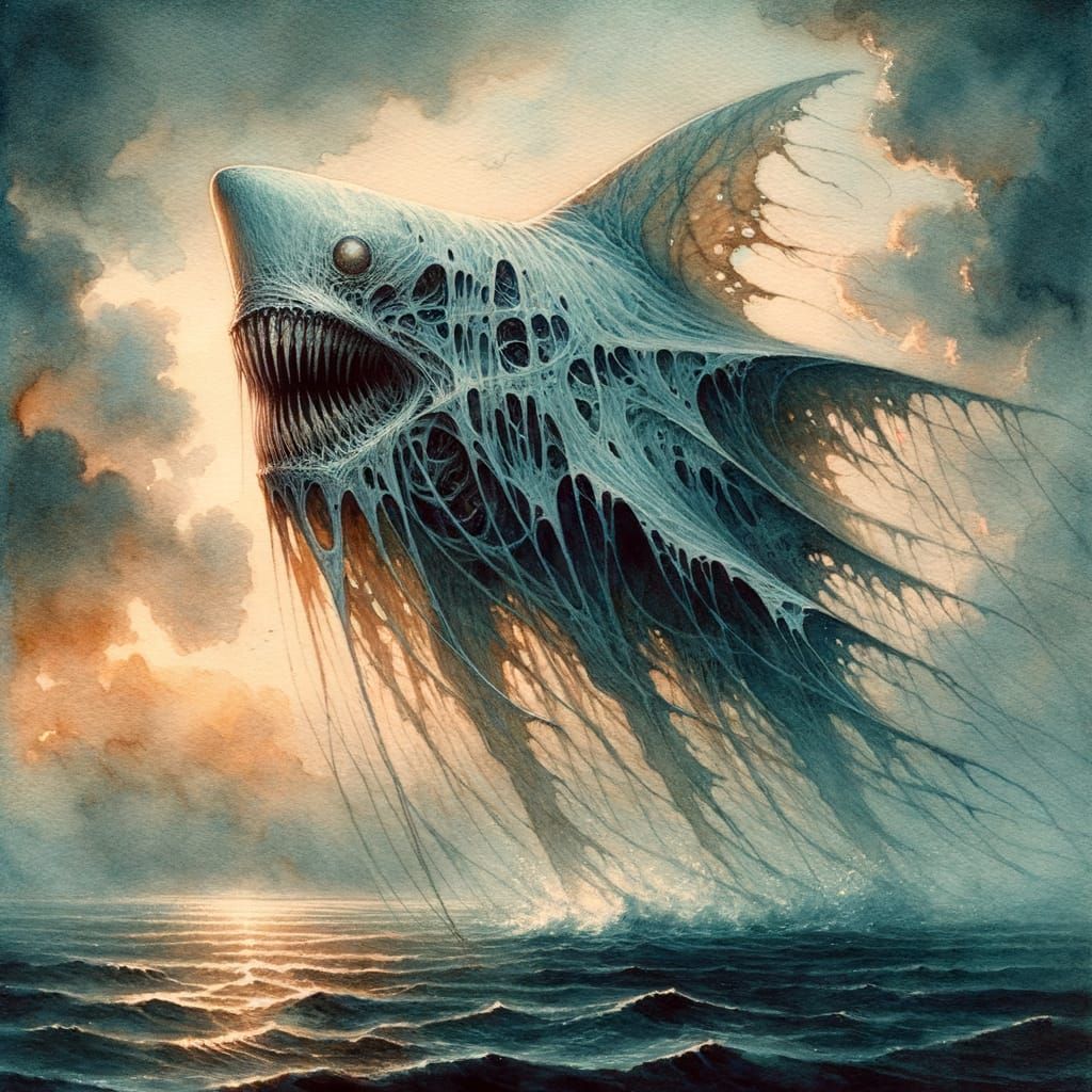 Spectral Jelly-Shark in Atmospheric Watercolor Painting