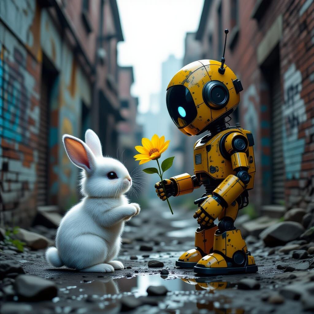 Bunny Reaches for Robot Holding Flower in Gritty Alleyway Ve...