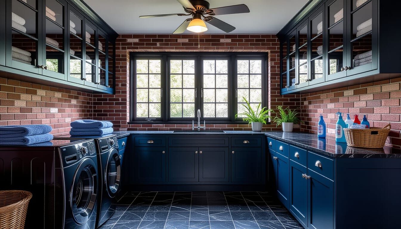 Victorian Laundry Room with Dark Blue and Brick Accents
