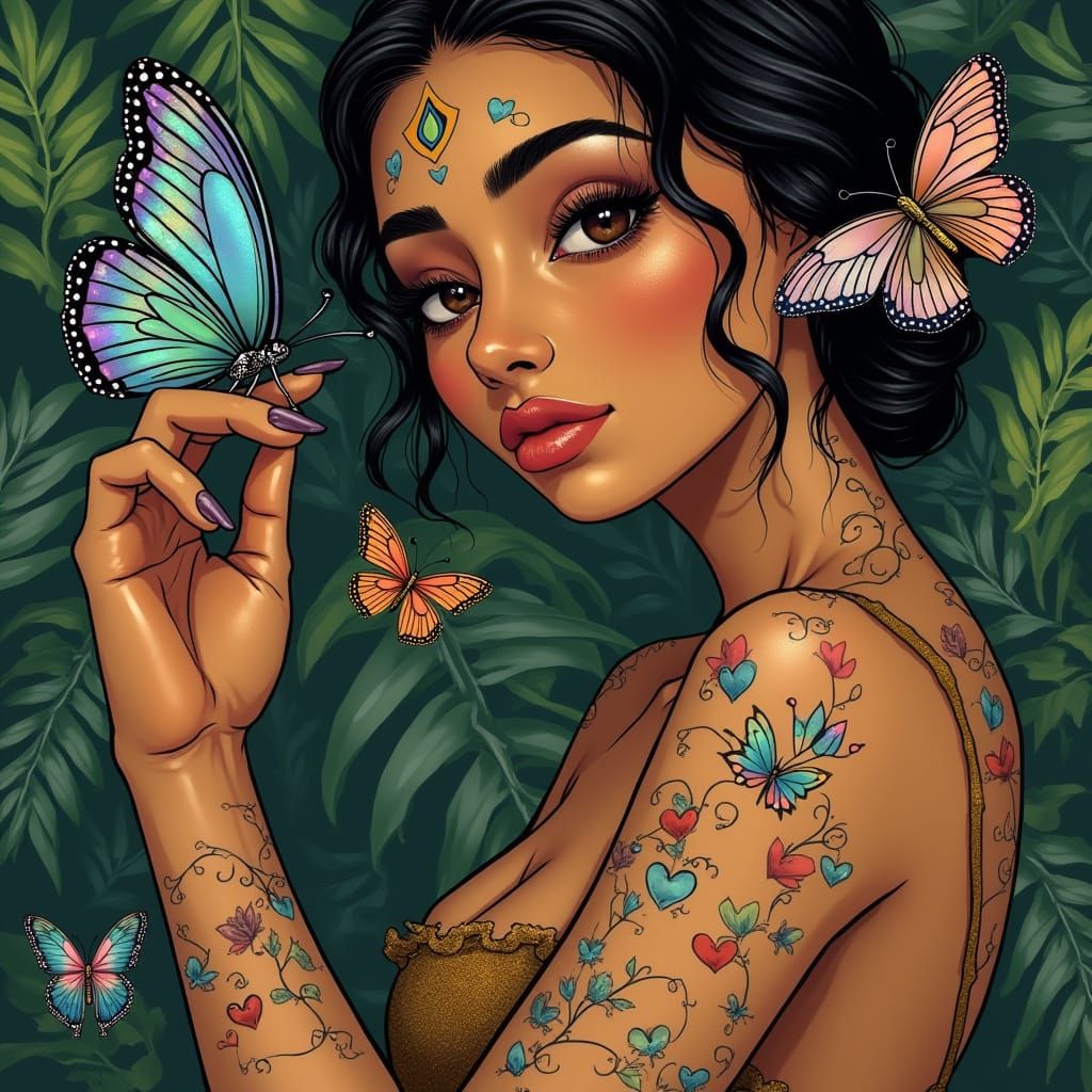 Butterflies Perched on a Woman with Golden Brown Skin and Ta...