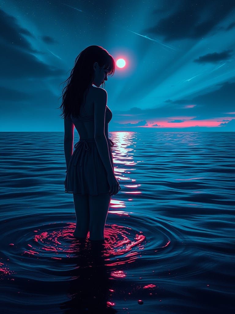 Cyberpunk Girl in Night Ocean, Yoshitaka Amano Style