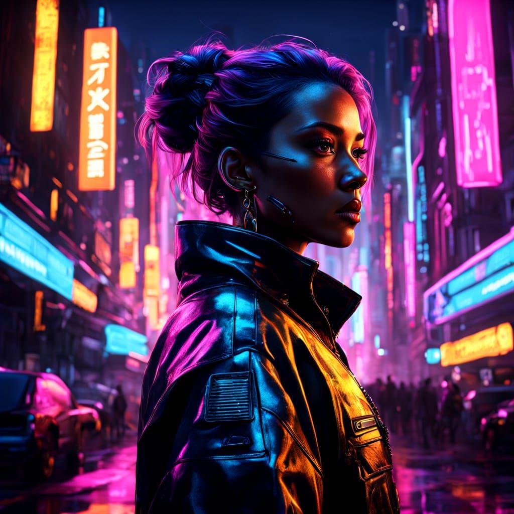 Woman Gazing at Cyberpunk Cityscape in Neon Noir Style