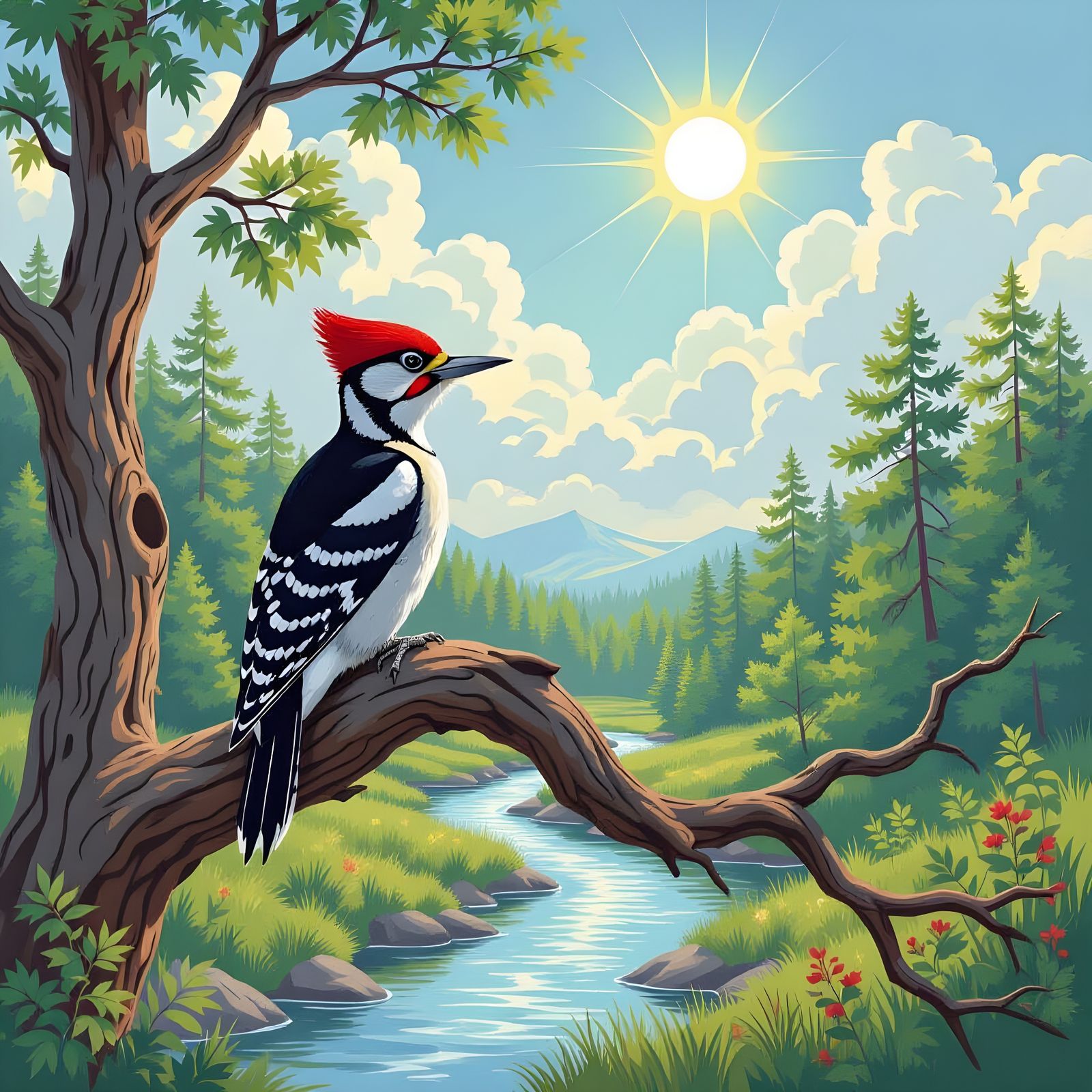 Red-Bellied Woodpecker Overlooking Forest Stream