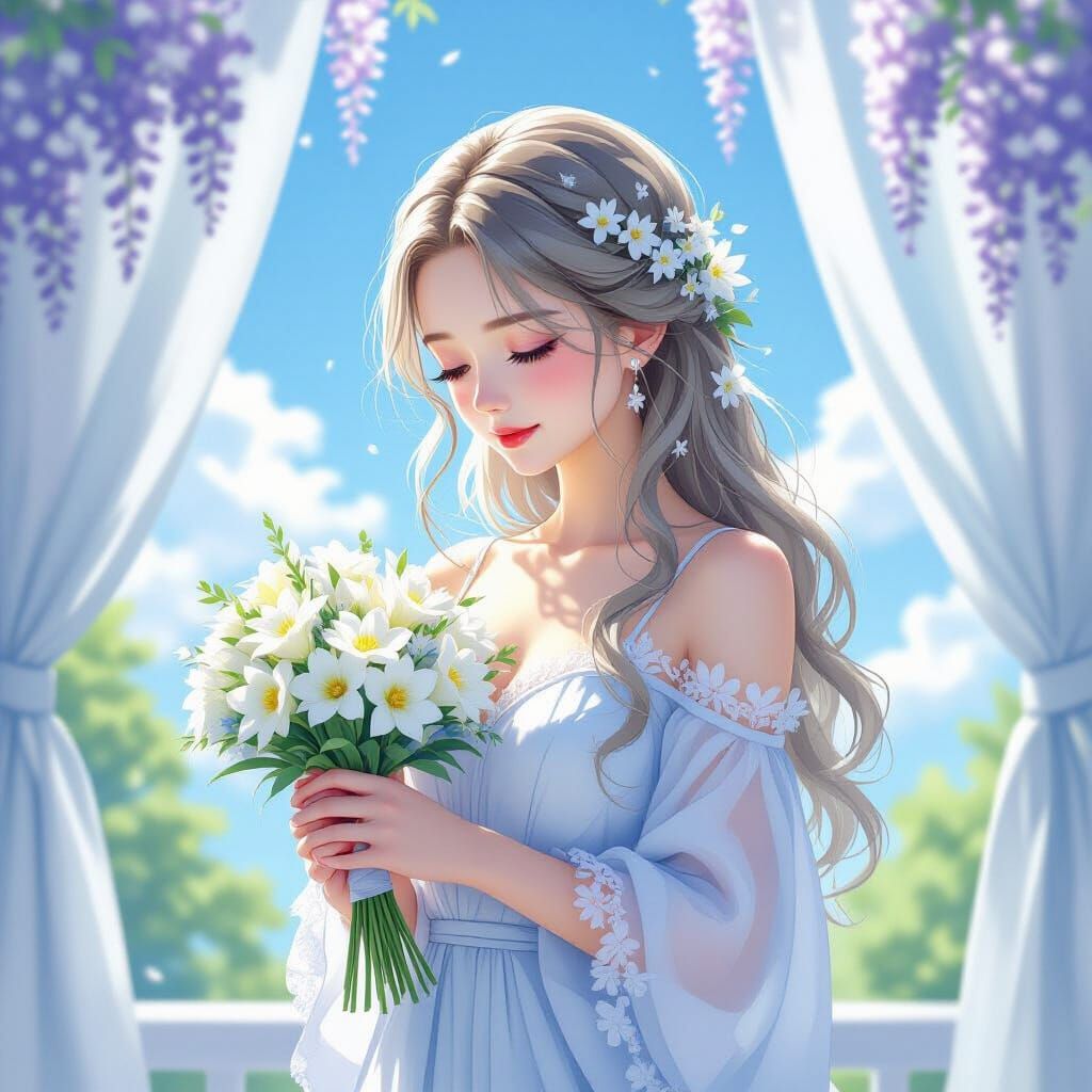 Ethereal Woman with Flowers in Manga Style