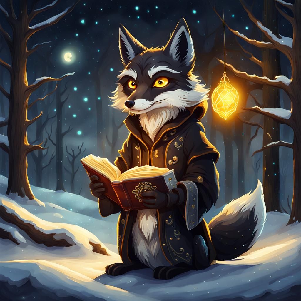 Undead Fox with Magic Book in Watercolor Style