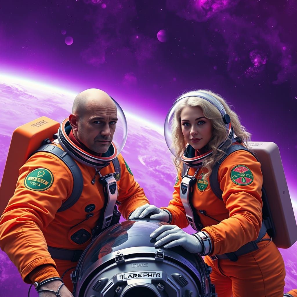 Astronauts Repair Space Capsule in a Vibrant, Cosmic Landsca...