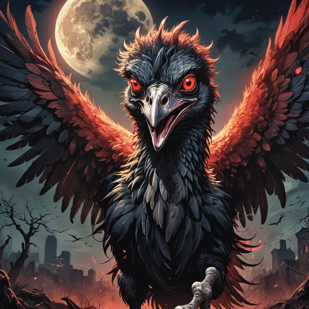 Ostrich Demon Running in Dark Land: Anime Illustration