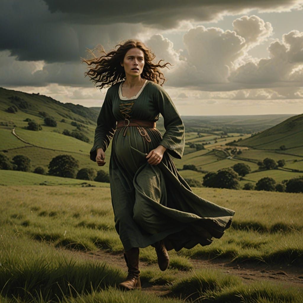Medieval Maiden Runs Through Rolling Hills