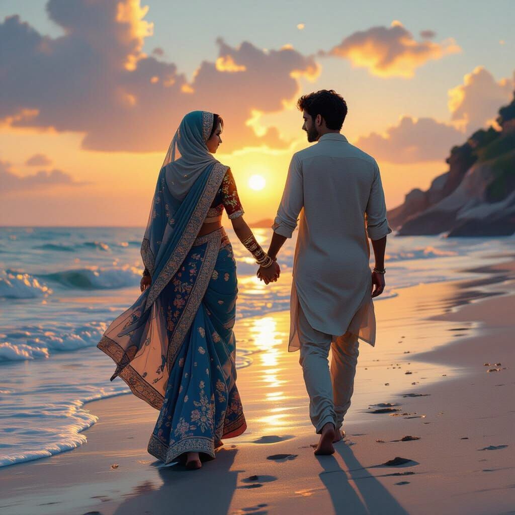 Romantic Hijabi Couple on Beach in Golden Light