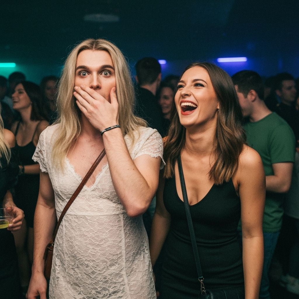 Surprised Young Man in Lace Dress in Discotheque