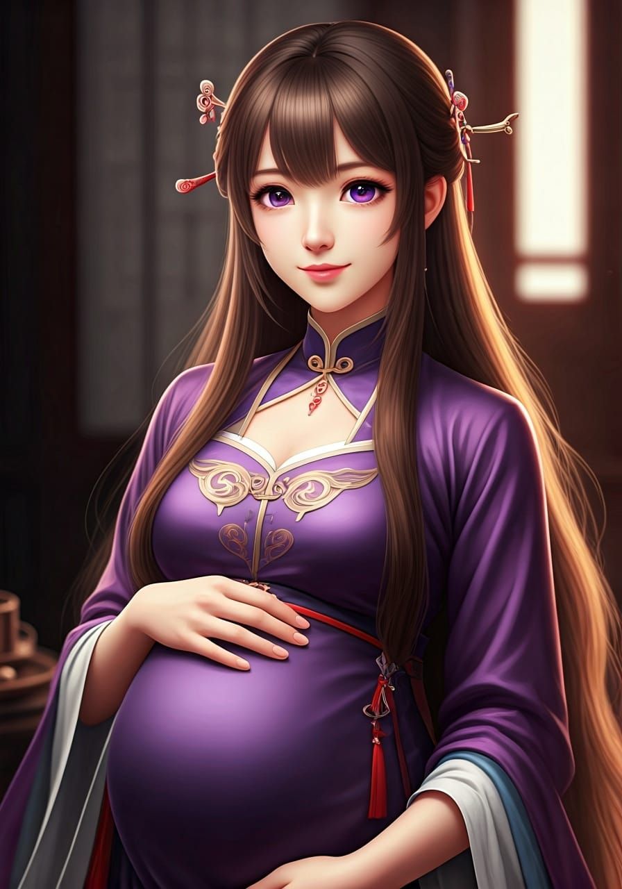 Pregnant Chinese Woman in Plum Dress: Anime 3D Art
