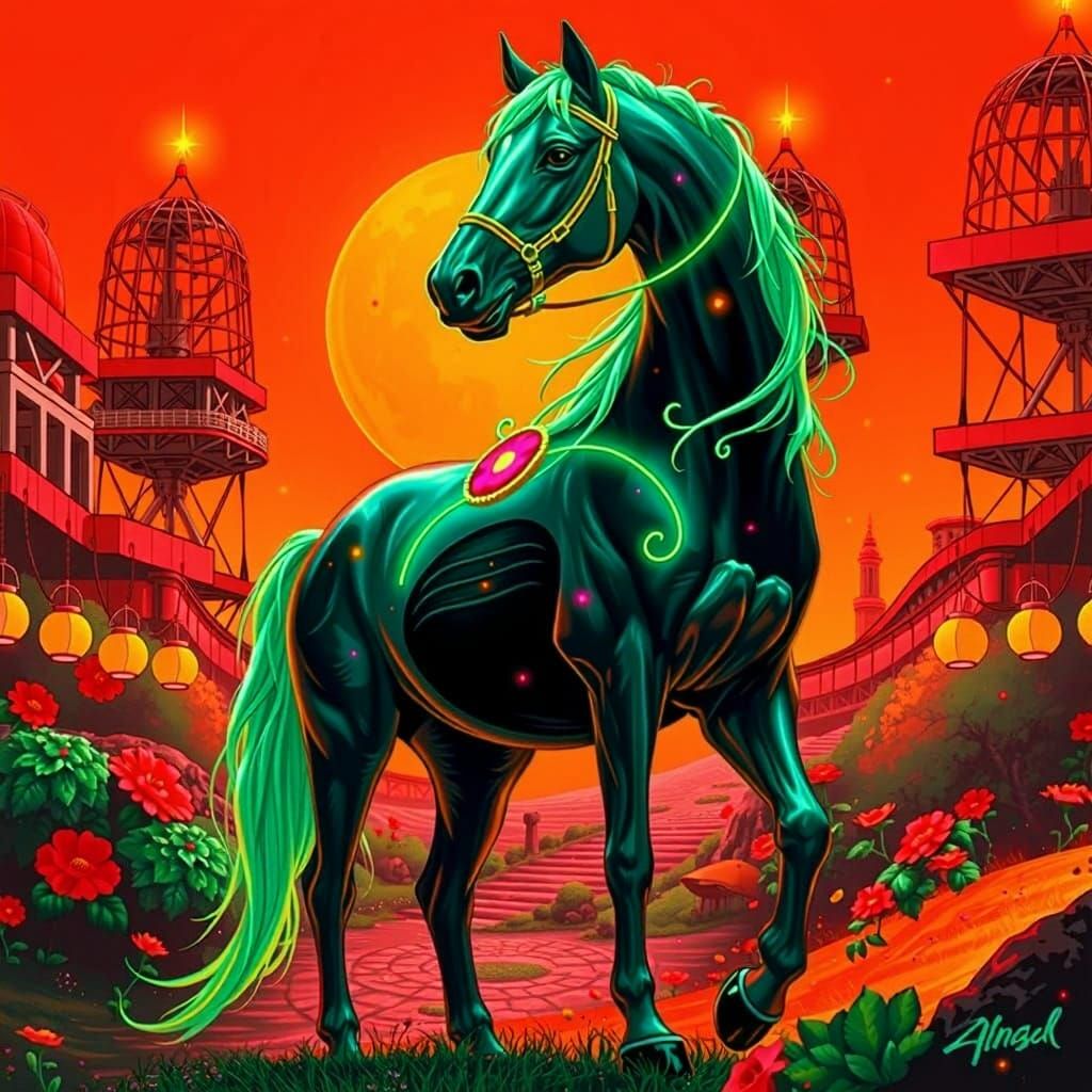 Neon Horse with Iridescent Orange Landscape