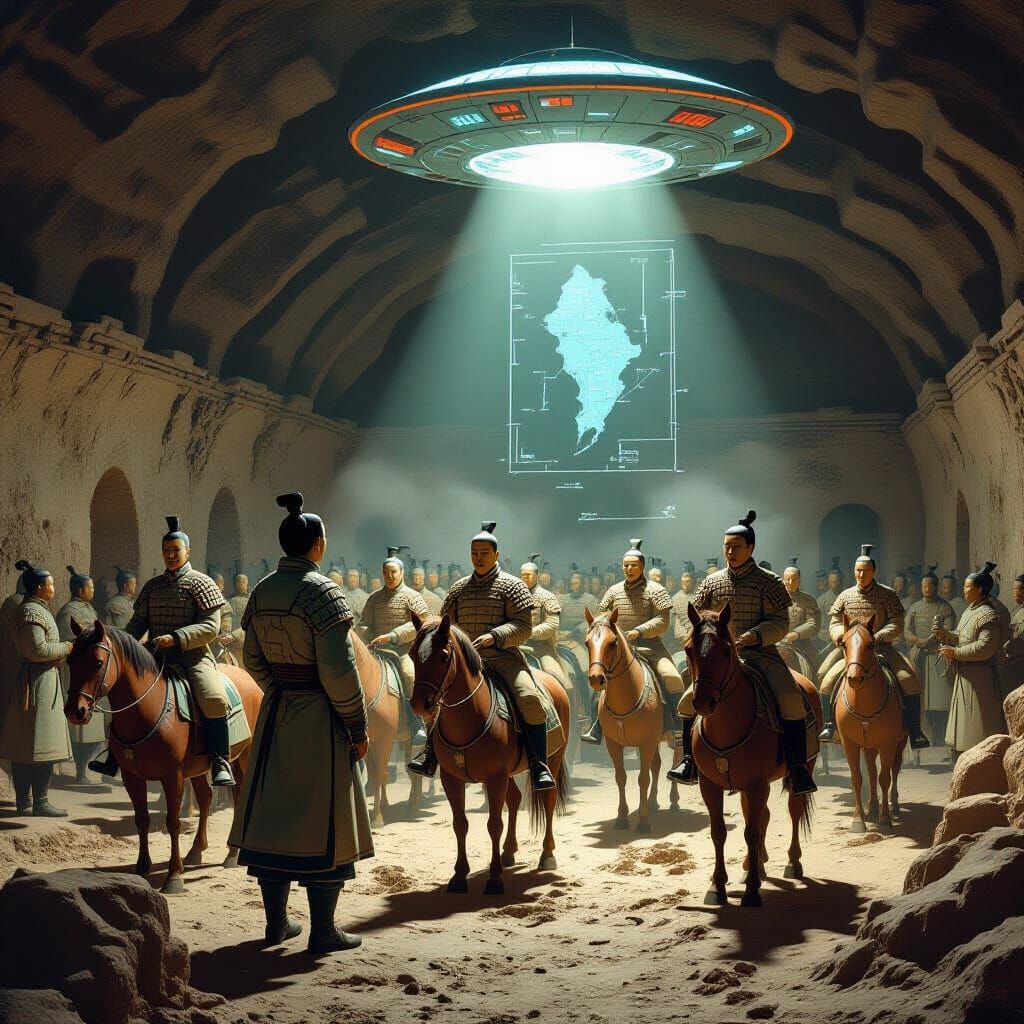 Terracotta Warriors Awaken Under Futuristic Sky