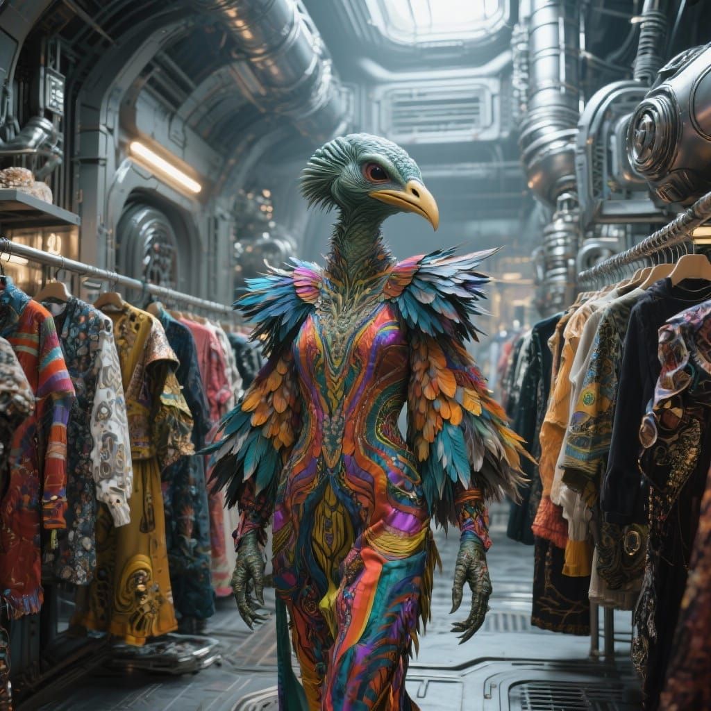 Feathered Alien Shopkeeper on Space Station