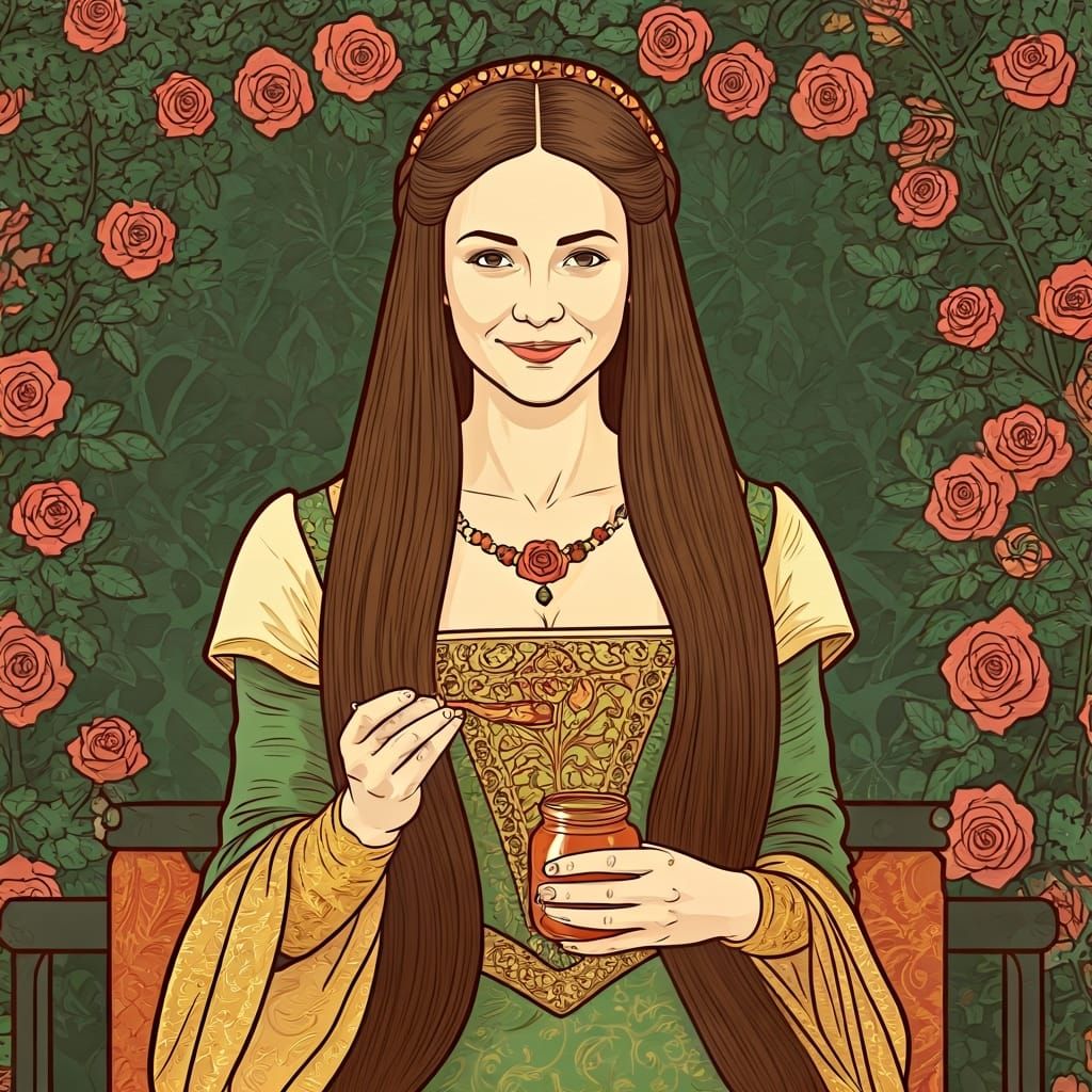 Medieval Queen Enjoys Marmalade in Rosarium as Art Nouveau P...