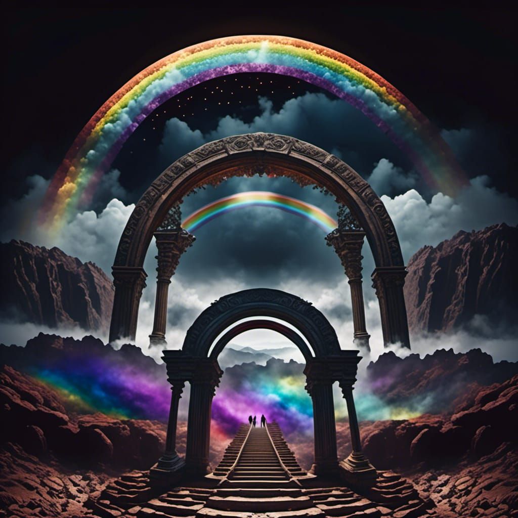 Stairway to Rainbow Portal Arch in Misty Landscape
