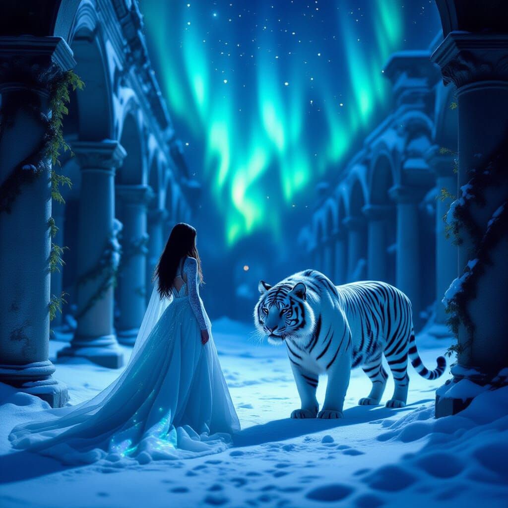 Mysterious Girl and Tiger in Snowy Courtyard