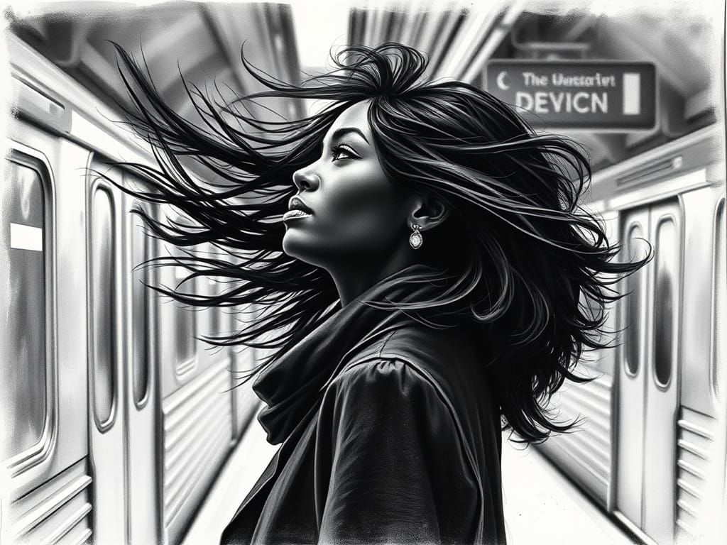 Monochromatic Charcoal Drawing of Woman in New York City