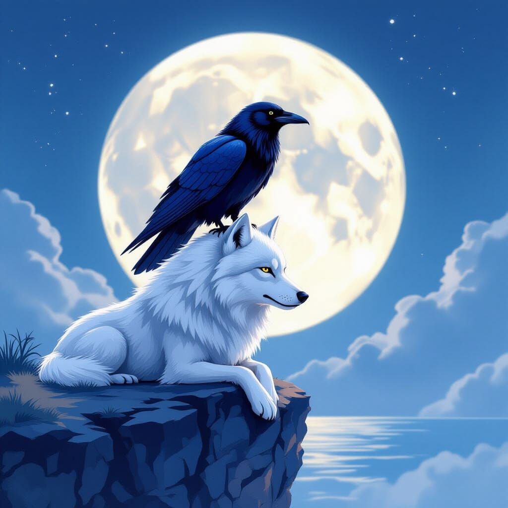 Raven and Wolf Under Full Moon in Watercolor Style
