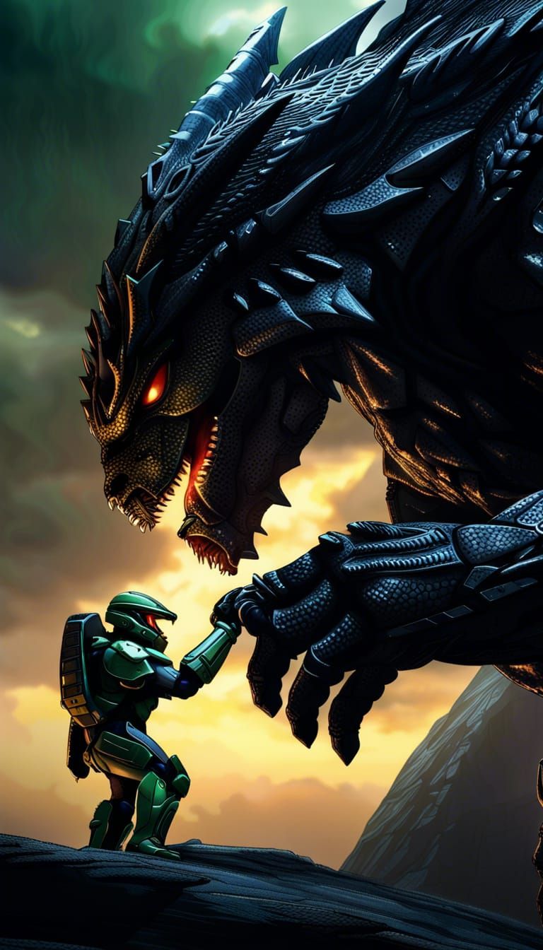 Master Chief Bonds with Black Dragon in Dark Fantasy