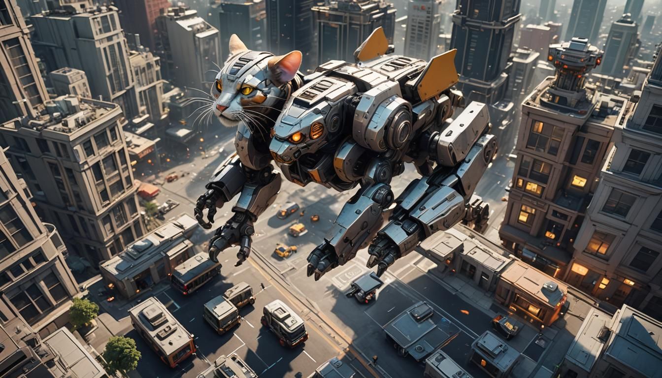 Giant Cat Mech vs Space Mouse in Cityscape