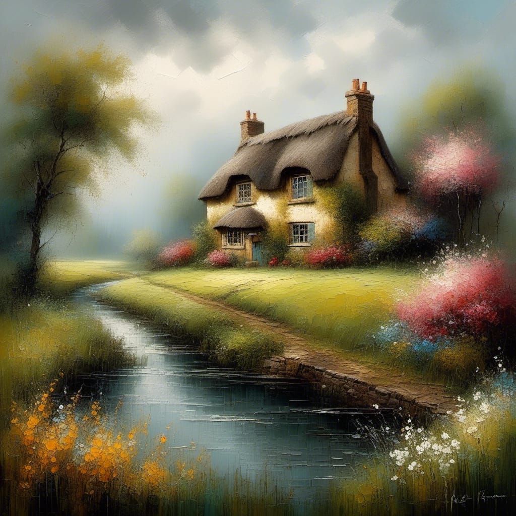 Encaustic Watercolour of Cozy English Cottage Garden