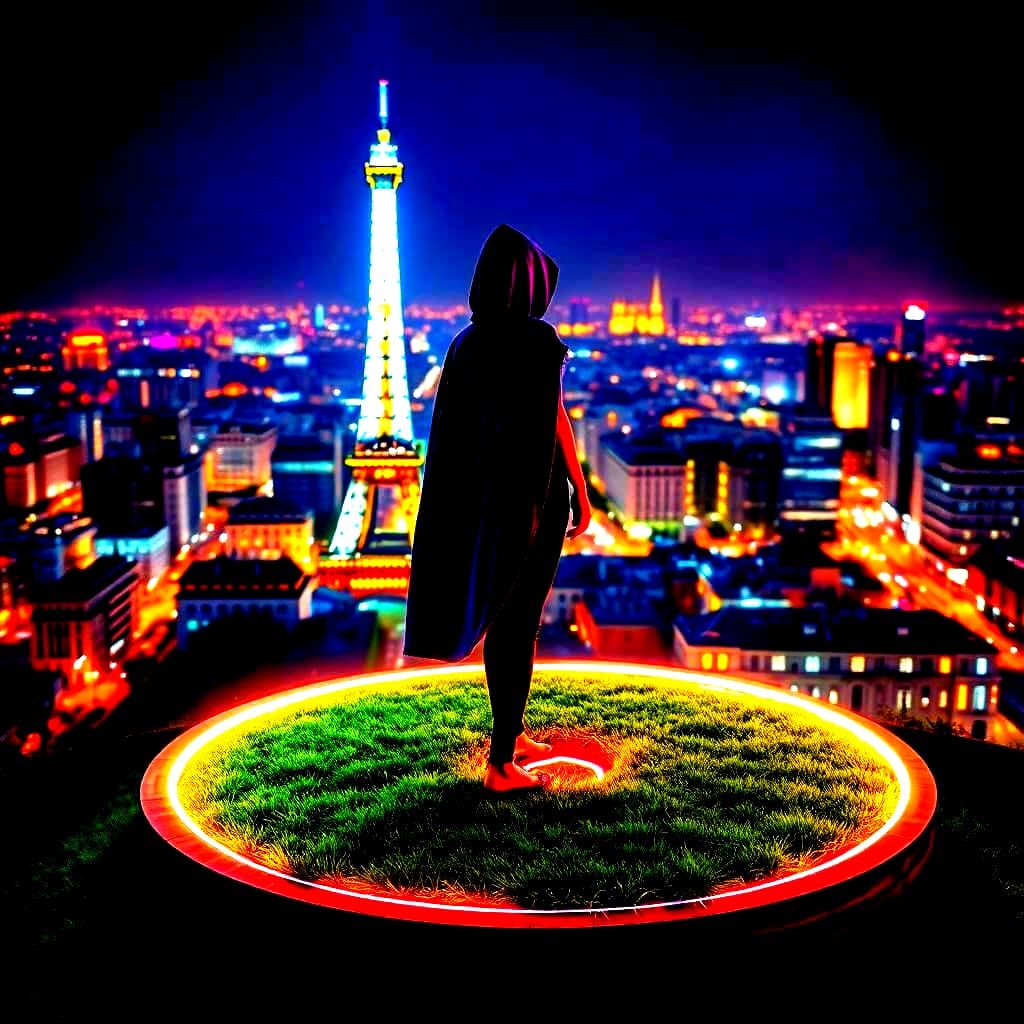 Utopian Cityscape with Hooded Woman in Neon Light