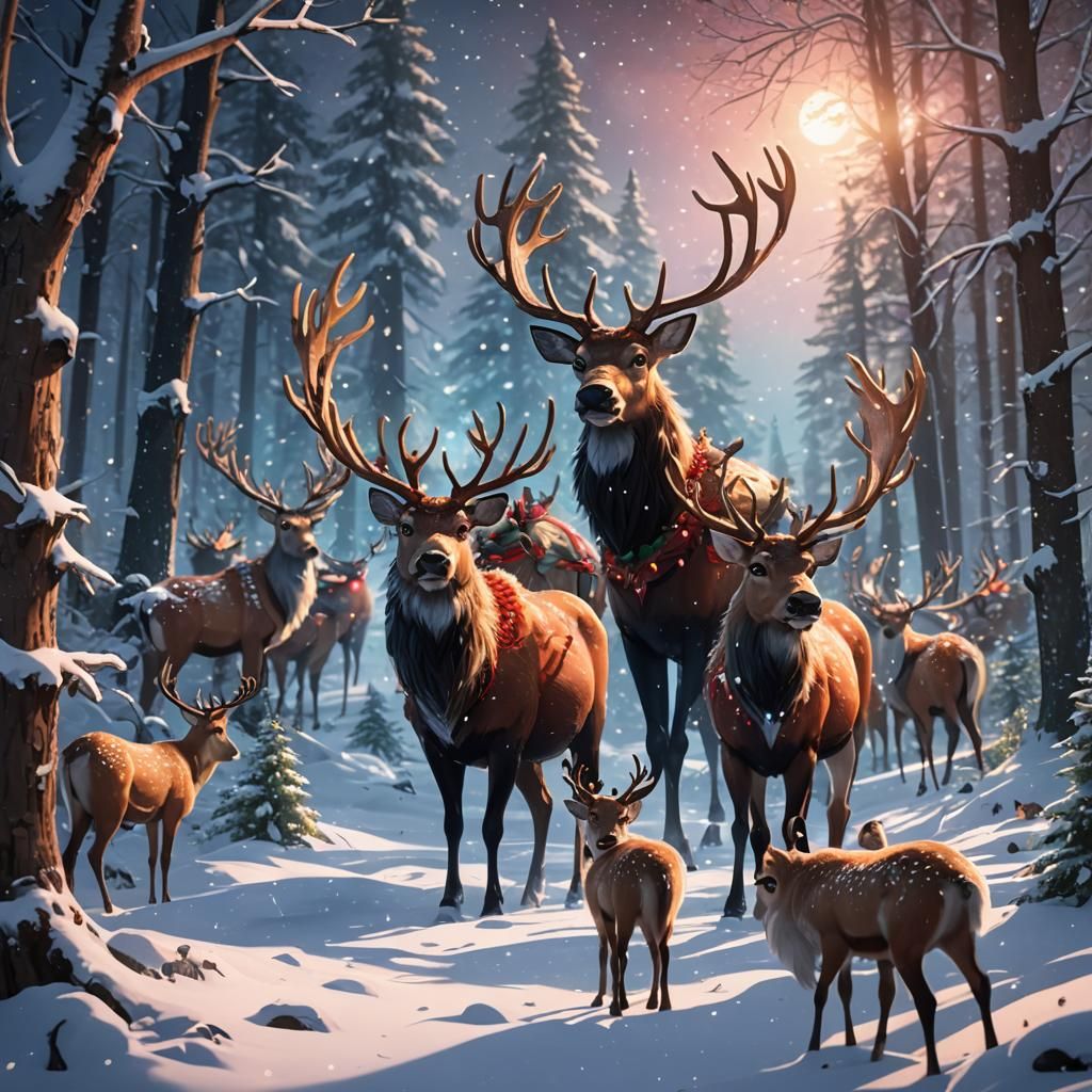 Santa and Reindeer in Snowy Forest, 3D Anime Art