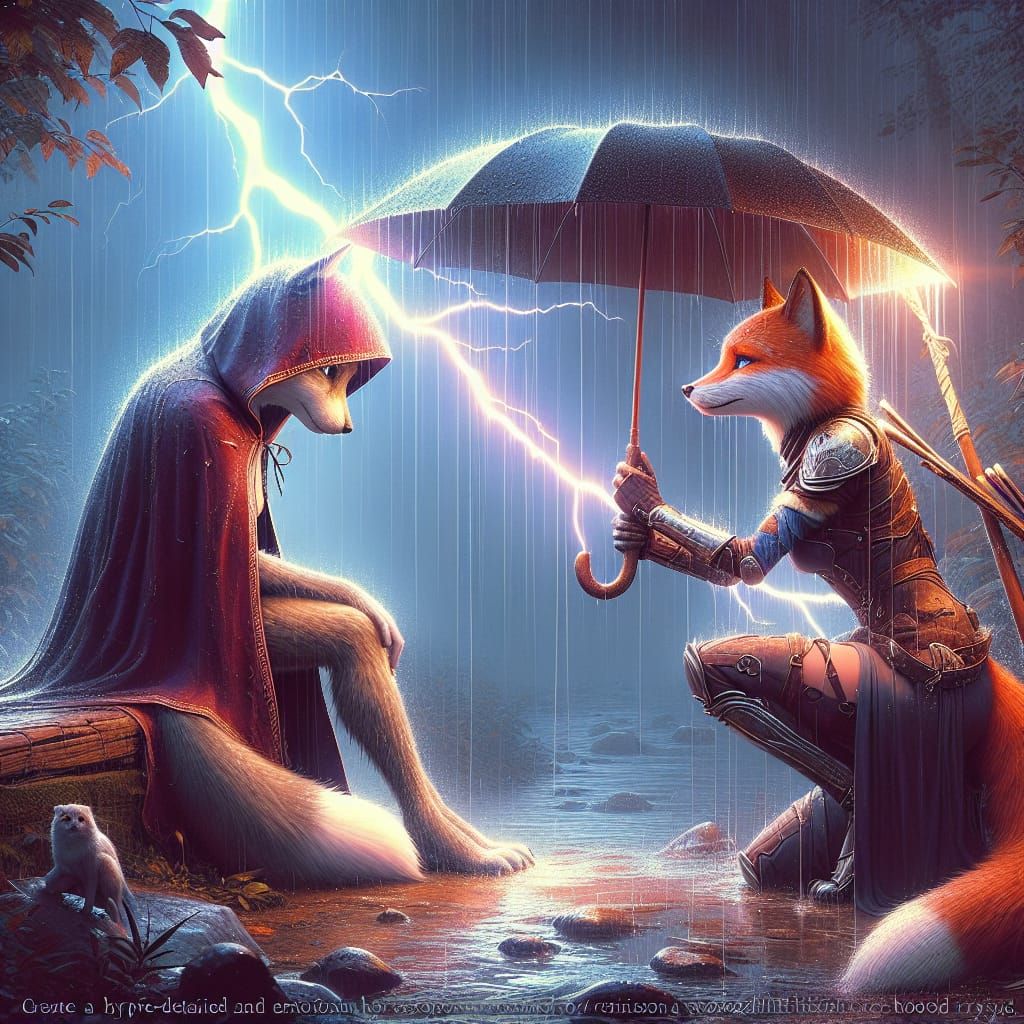 Whimsical Bond of Friendship in Rainy Night Scene