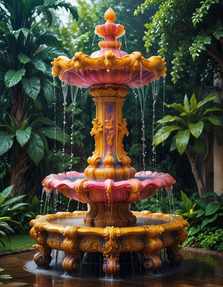 Psychedelic Baroque Fountain Dripping with Water