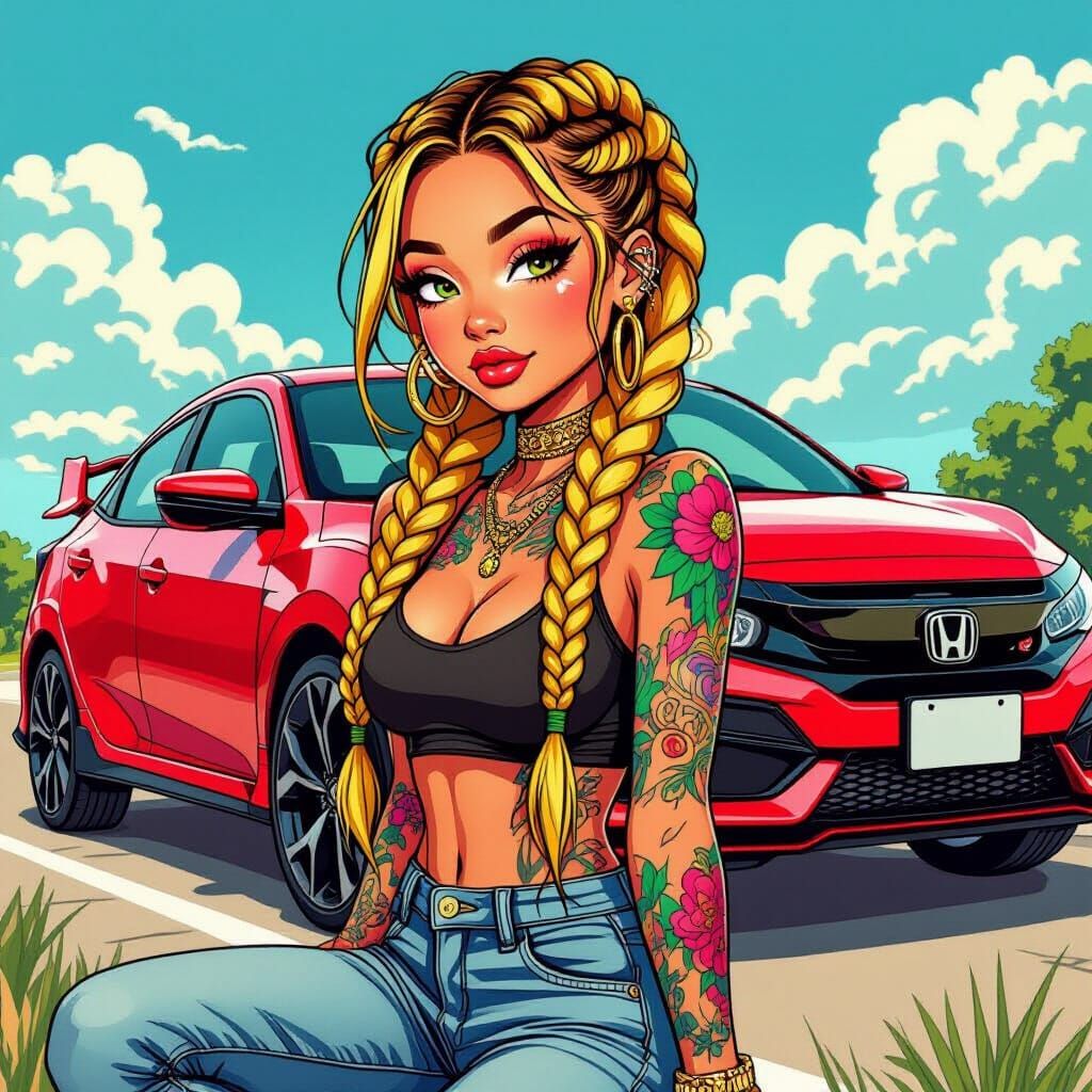 Cartoon Girl with Braids and Tattoos by Red Car
