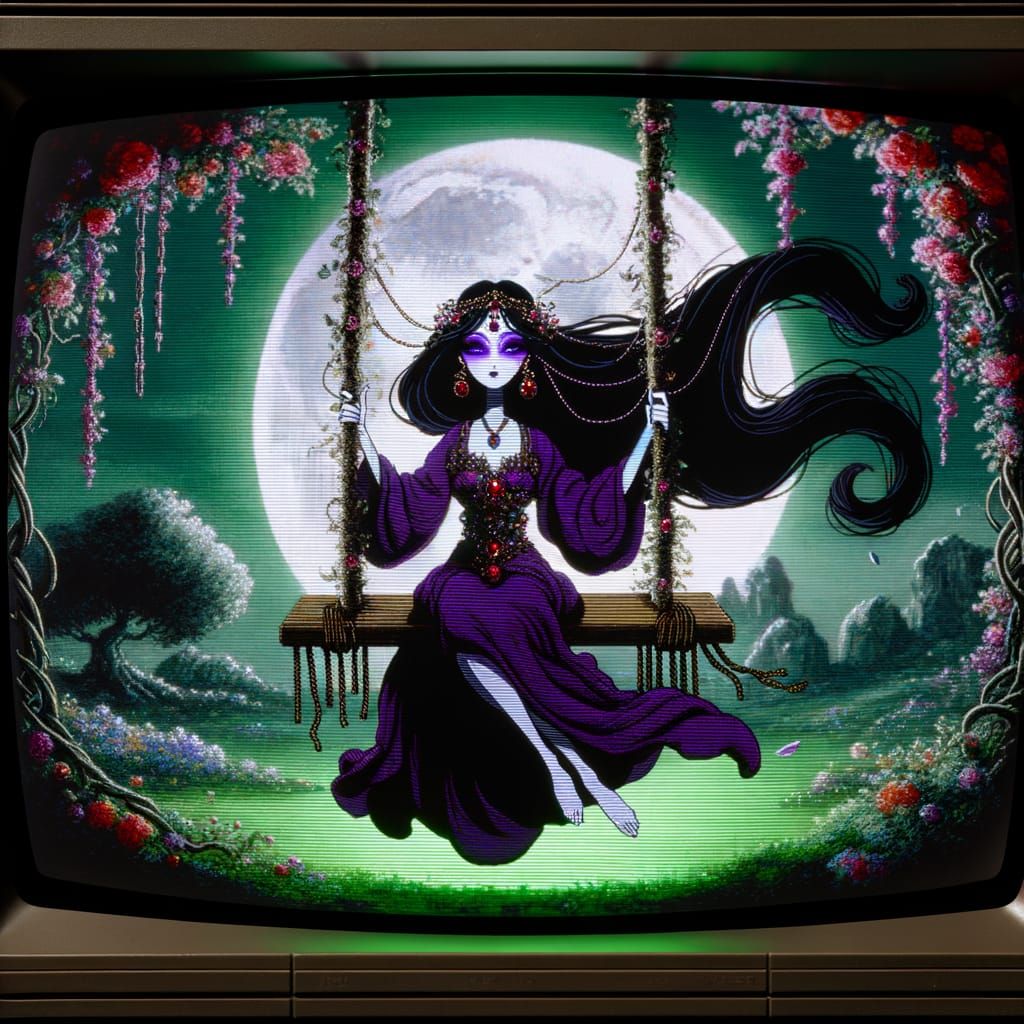 Sorceress Swinging Under Blood Moon in Cell Animation Style