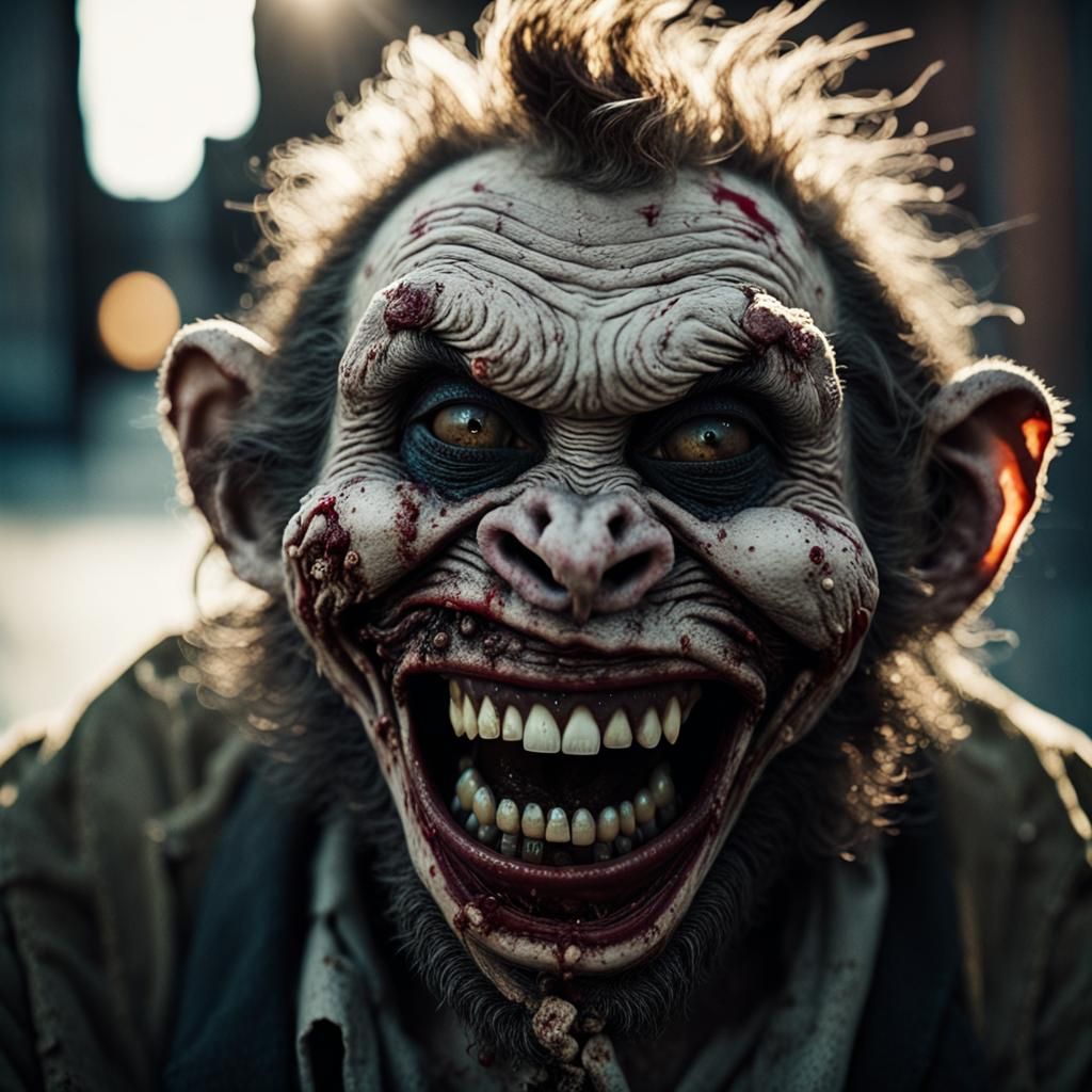 Zombie Monkey Clown Grinning in Gritty Realism
