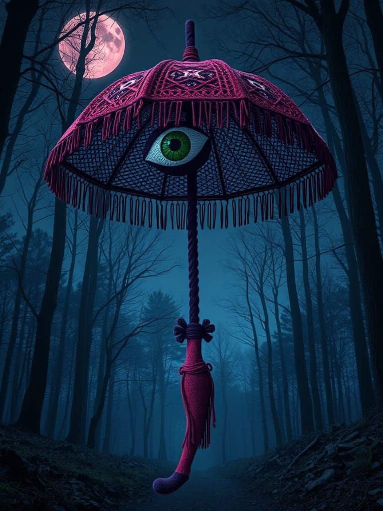 Macrame Karakasakozou Doll in Psychedelic Dark Forest